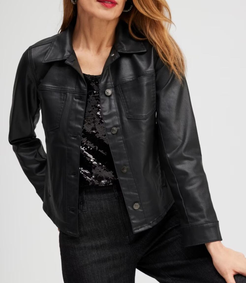 Chicos 1 black coated denim jacket sz medium
